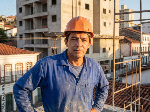 Construction Worker Portrait Against Building in Progress