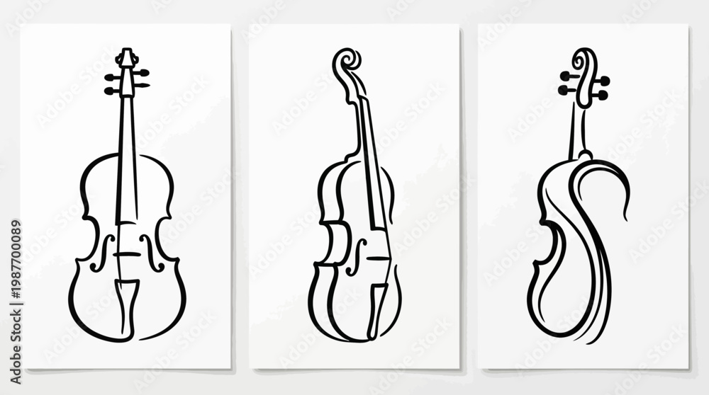 Fototapeta premium Abstract Line Art Violin Set on White Background