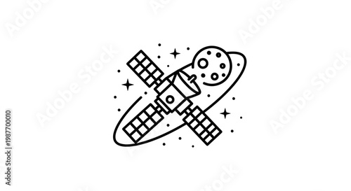 Space satellite orbiting a planet or moon with stars. Global communication and exploration technology, monoline vector illustration.