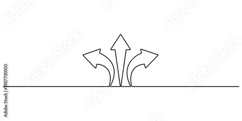 Continuous One Line Drawing of Three Arrows Pointing Different Directions, Minimalist Directional Vector Illustration, Symbol of Choice, Growth, and Decision Making Silhouette