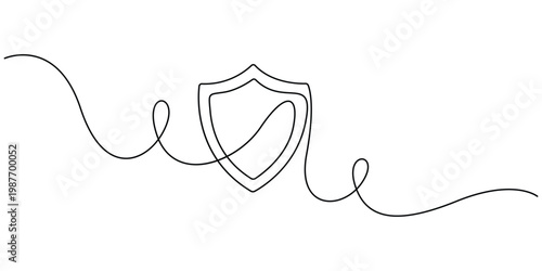 Shield in one continuous line art drawing concept of safety, security and protection