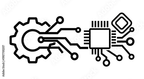 Digital engineering technology concept icon showing interconnected gear, circuit board, microchip, and data flow elements.
