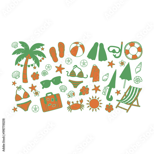Summer vacation icons beach palm tree resort fun