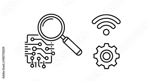 Digital Technology Icons: Circuit Board, Magnifying Glass, Wi-Fi Signal, and Cogwheel for Search, Analysis, Connectivity, Engineering