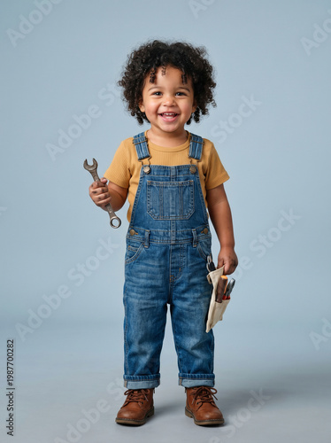 Smiling Kid Wearing Overalls Holding Wrench Studio Shot