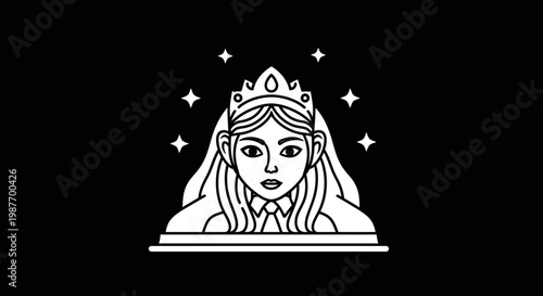 Minimalist line art illustration of a regal woman's face wearing a crown, surrounded by stars in elegant black and white vector style.