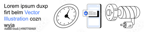 Technology, cybersecurity, time management, authentication, industrial mechanics, secure data. A smartphone with a password prompt, an analog clock and a mechanical device. Cybersecurity
