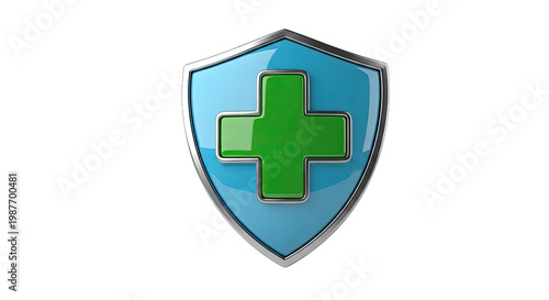 A blue shield with a green cross emblem, symbolizing protection and health
