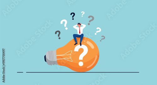 Man sitting on a giant light bulb with question marks