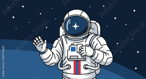 Astronaut waving hello in the vastness of space with stars.