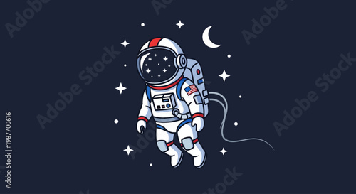 Cute astronaut floating in starry space with moon