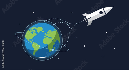 Minimalist flat vector of a space rocket launching from Earth into outer space.