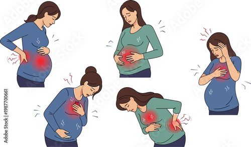 Women experiencing various types of stomach pain and discomfort