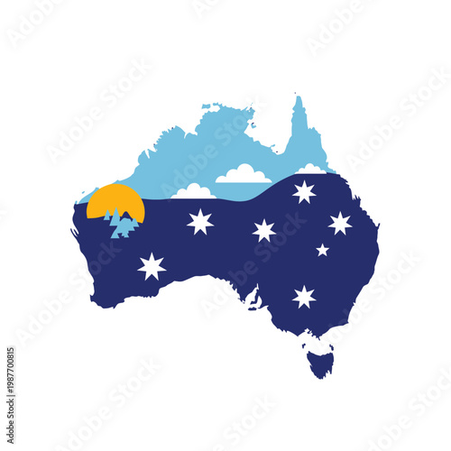 Australia Map Vector Illustration with Flag Stars and Sunset
