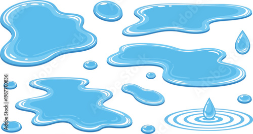 Various blue water droplets on a white background illustration