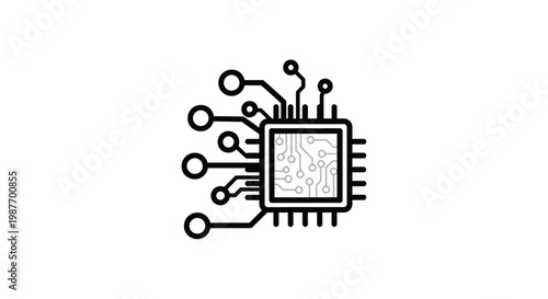 Vector outline icon of a computer microchip or CPU with connected circuits, symbolizing technology, data, and processing