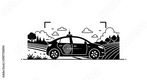 Self-Driving Car with Sensor Radar in Nature Landscape Illustration