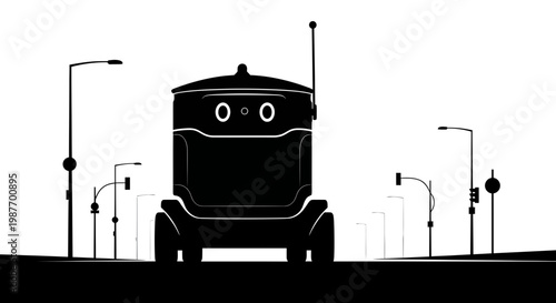 Autonomous delivery robot silhouette on urban street vector
