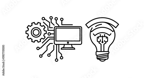 Digital Technology and Innovation Concept Icon. Outline of Gear, Circuit Board, Computer Monitor, and Idea Lightbulb.