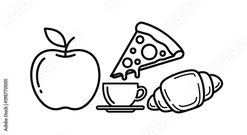 Minimalist outline icons of diverse food and drink choices: fresh apple, pizza slice, coffee cup, and flaky croissant. Meal options.
