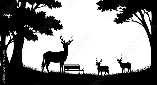 Deer Silhouettes in Forest Glade with Park Bench Illustration