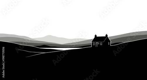 Minimalist Landscape Illustration of a Cottage on a Hill
