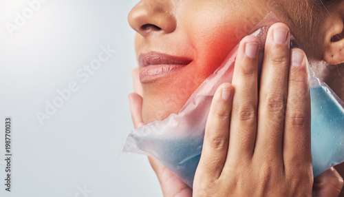 Close-Up of Woman Using Ice Pack on Cheek for Pain Relief and Swelling Reduction