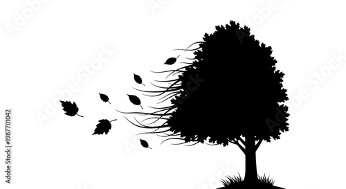 Black tree silhouette with falling leaves in wind vector illustration