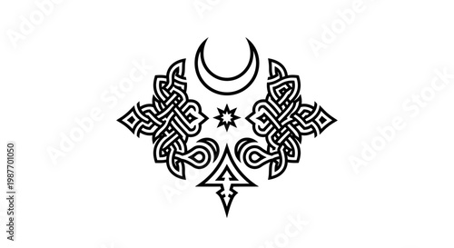 Intricate Black and White Ornamental Design with Crescent Moon and Star, Celtic Knotwork, Mystical Symbol, Decorative Element