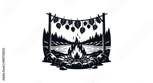 Forest Campfire with Hanging Leaves Vector Illustration