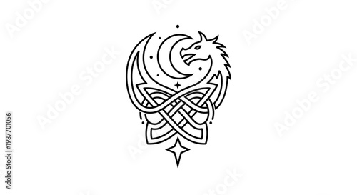 Mystical Dragon and Crescent Moon with Celtic Knotwork Line Art. Elegant Fantasy Mythical Creature Design, Vector Illustration.