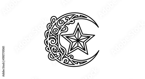 Intricate Black and White Decorative Crescent Moon and Star Symbol. Ornate Celestial Vector Illustration for Spiritual Design.