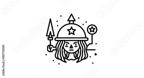 Graphic line art illustration of a powerful female warrior or guardian figure with a star helmet and spear, symbolizing strength and protection.