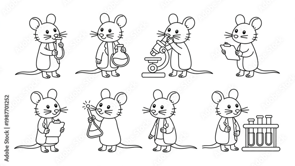 Fototapeta premium Cute Laboratory Mice Line Art Set Funny Science Rodent Characters Collection