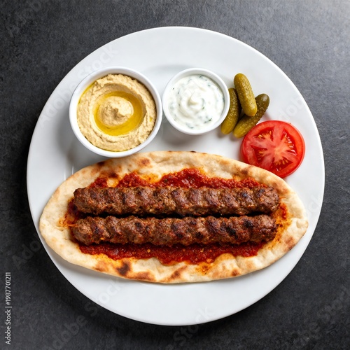 Adana Kebab Platter with Hummus and Yogurt Dip on Flatbread