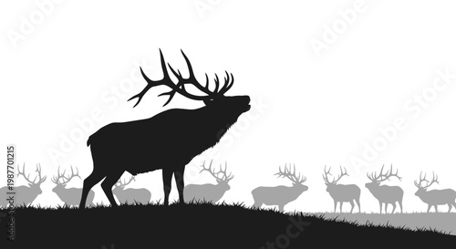 Bull Elk Silhouette Bugling with Herd Vector Illustration