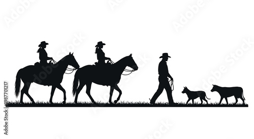 Ranch Life Silhouette with Horse Riders Dog and Cattle
