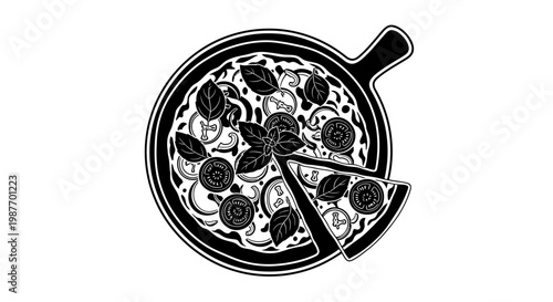 Black and White Pizza Vector Illustration with Slice and Toppings