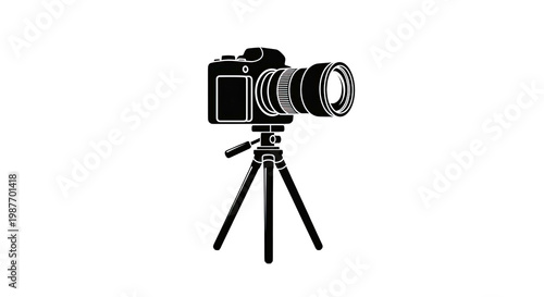 Black and white illustration of a modern digital camera on a tripod