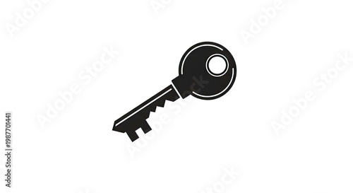 A simplified black silhouette of a metal key on a white background