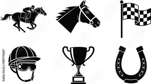 Horse racing icons set with jockey horse trophy flag helmet horseshoe silhouette equestrian sport vector illustration collection design