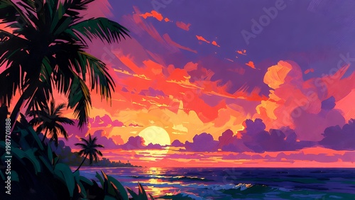 Tropical Sunset Majesty: Palm Trees, Ocean, and Vibrant Sky Art