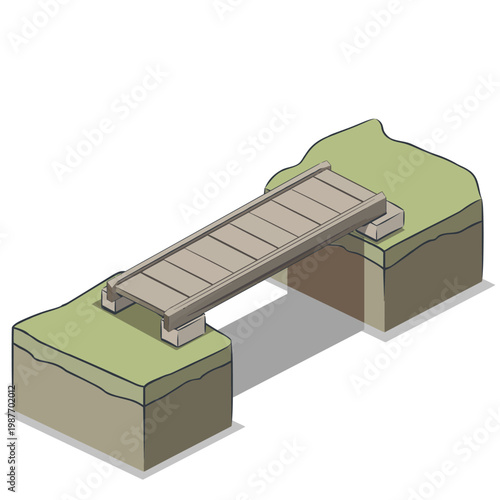 Isometric vector illustration of a simple wooden footbridge spanning a small gap between two grassy mounds.