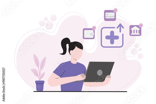 Woman performing secure online top up using a laptop and credit card. Concept of verified e-wallet deposit and internet banking technology.