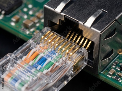 Ethernet Network Cable Connector Plugged Into Electronic Circuit Board
