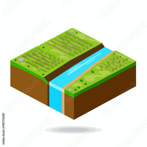 Isometric vector illustration of a river flowing through a green landscape with cultivated fields on its banks.
