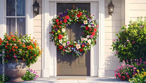 An eye-level exterior shot of a house entrance. The focal point is a colorful floral wreath on a gray door. Potted plants and bushes add to the scene