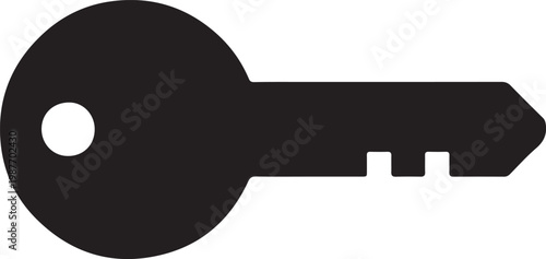 Simple classic key with round bow and minimal bitting, symbolic and minimalist black and white vector illustration
