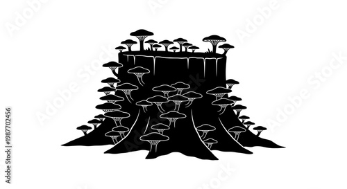 Tree Stump with Growing Mushrooms Vector Illustration Silhouette