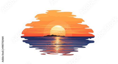 Tropical Ocean Sunset Vector Illustration with Sun Reflection